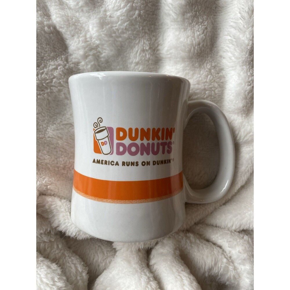 Dunkin Donuts Coffee Mug America Runs On Dunkin'DD Cup Orange Stripe 14oz 2008